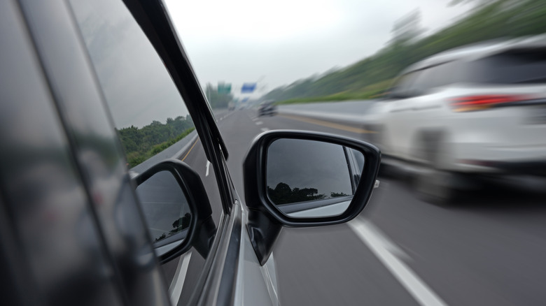 A car window and rearview mirror on a highway.