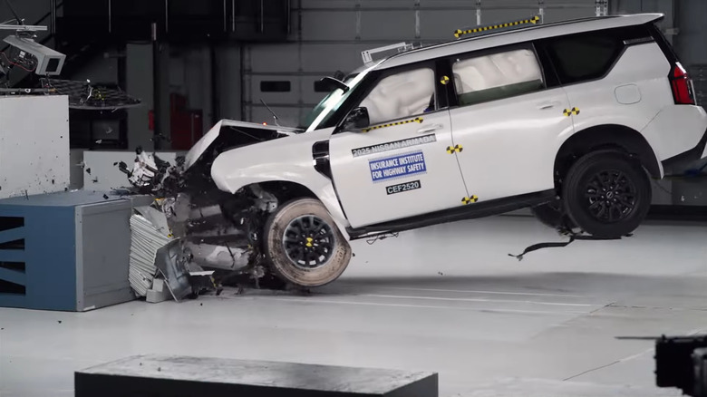 A 2025 Nissan Armada hitting a fixed object in an Insurance Institute for Highway Safety crash test.