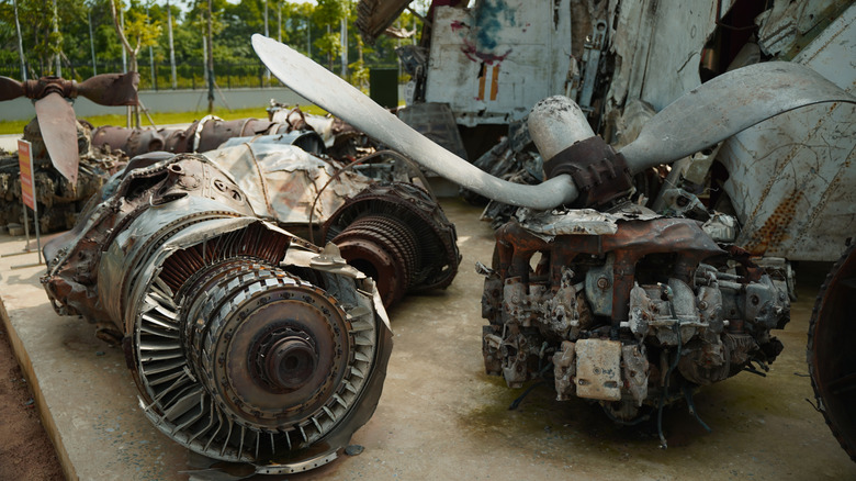 The engine components of an old B52 airplane