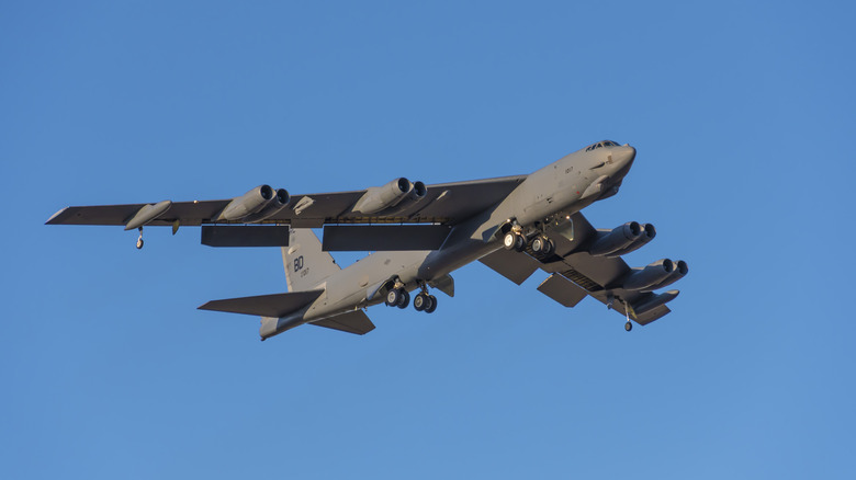 A U.S. Air Force B 52 bomber, assigned to the Air Force Global Strike Command's Eighth Air Force, flies over Bossier City toward Barksdale Air Force Base.