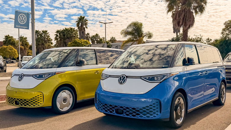 Two Volkswagen ID Buzz electric buses sitting in a parking lot near a palm tree