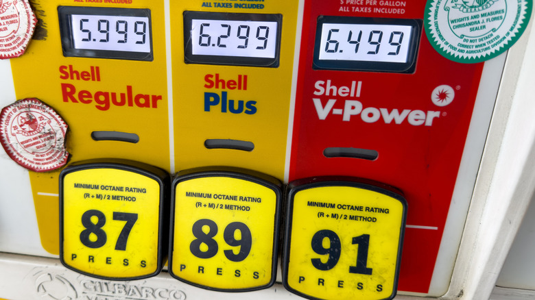 A gas pump showing high gas prices for all octane ratings