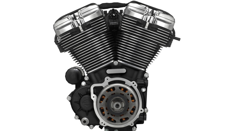A Harley-Davidson Milwaukee-Eight V-twin engine on a white background