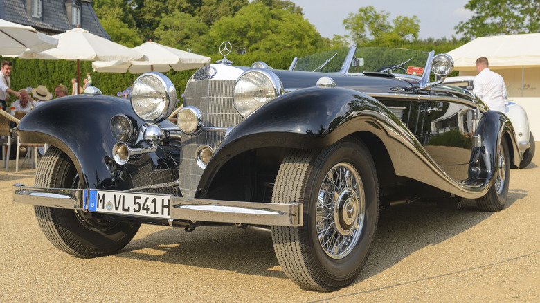 A low-down front view of a 1937 Mercedes-Benz 540K Special Roadster