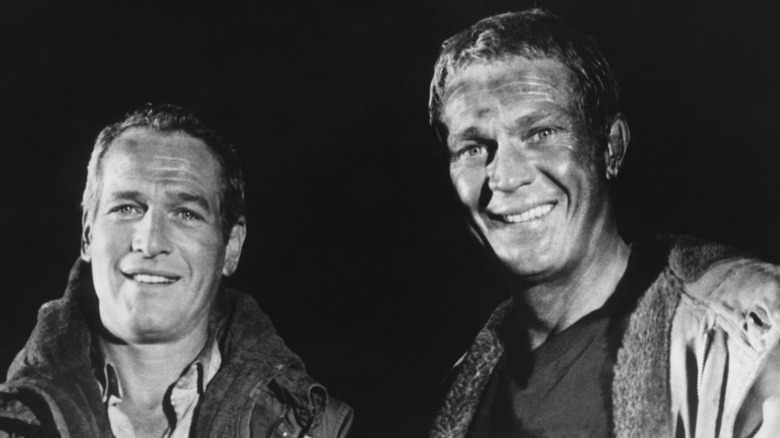 Actors Steve McQueen and Paul Newman on the set of 'Towering Inferno'
