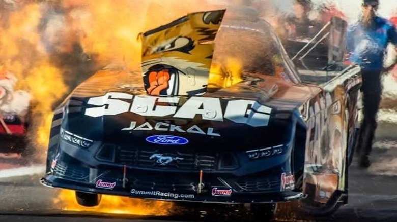 SCAG Wilkerson Racing's funny car engine exploding, causing less damage to the body than expected