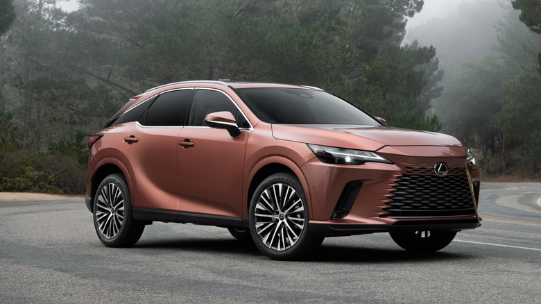front three quarters shot of a rose gold Lexus RX parked on a foggy mountain road