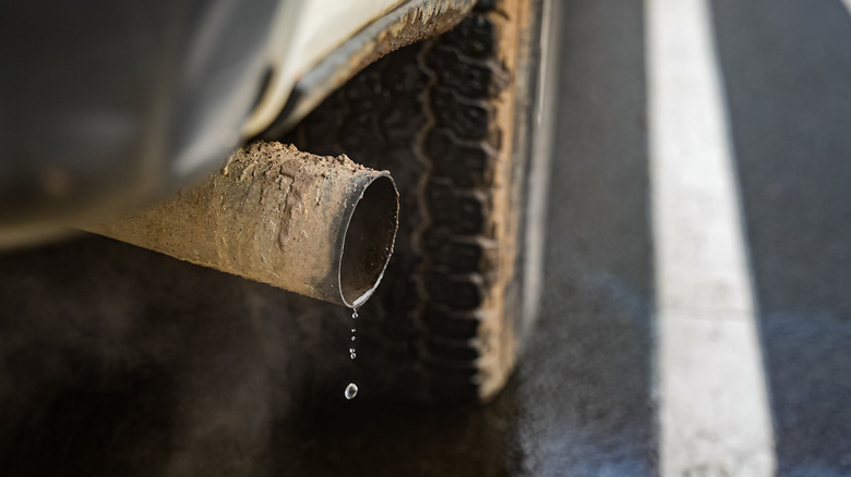 A closeup of a car's tailpipe with droplets of water dripping out