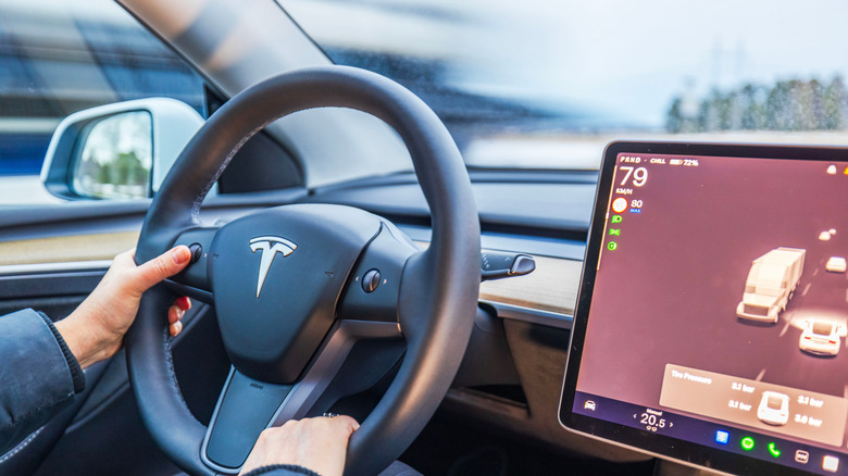 A woman drives with her hands on the steering wheel of a Tesla Model Y