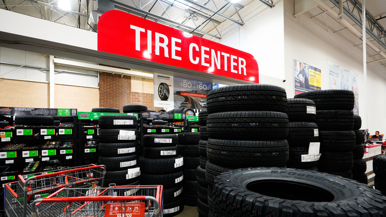 Stacked tires at a Costco warehouse in Canada