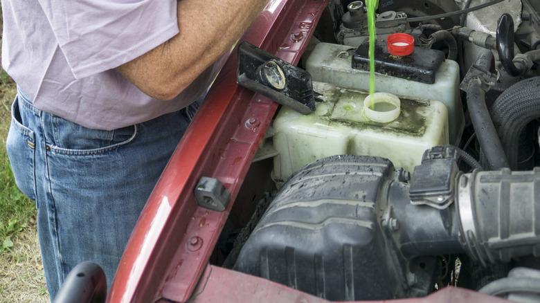 Man adding coolant to car