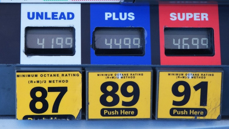 Closeup of prices and octane ratings on a fuel pump