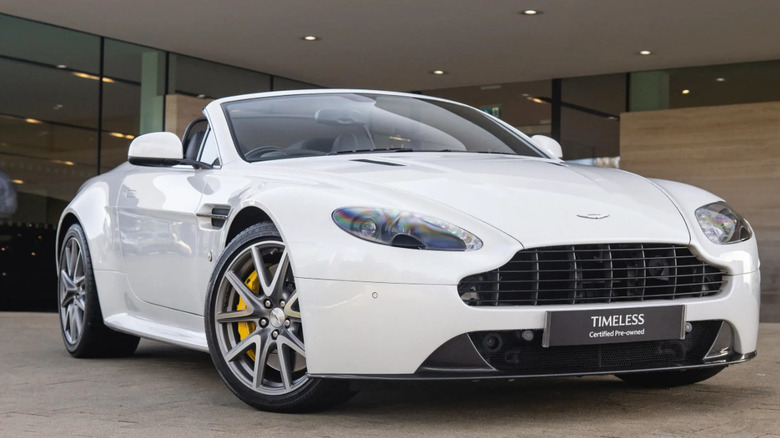 Low-angle front-quarter shot of an Aston Martin Vantage S Volante