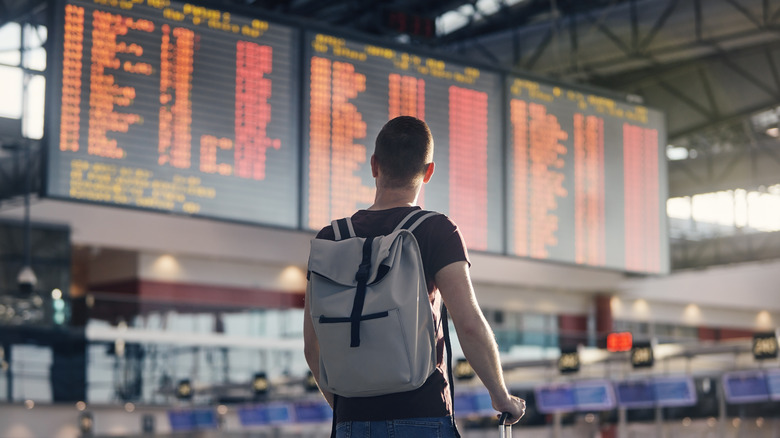 Man with rolling suitcase standing looking up at the arrivals and departures board at an airport.