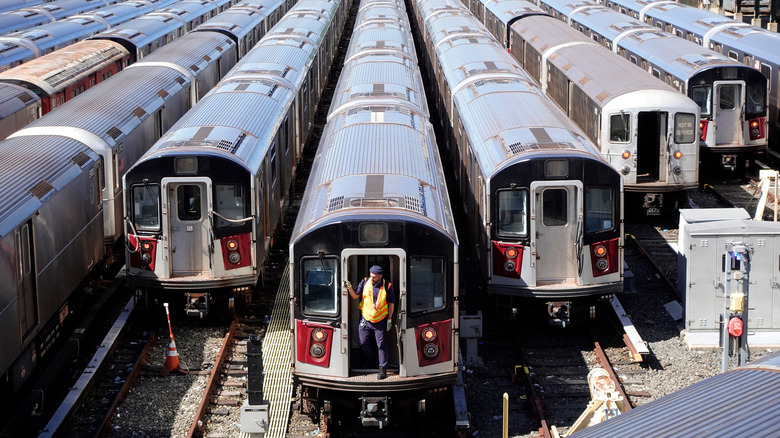NEW YORK, NY - AUGUST 30: Subway trains are parked at the MTA Transit Yard in Flushing, Queens, on August 30, 2025, in New York City. (Photo by Gary Hershorn/Getty Images)