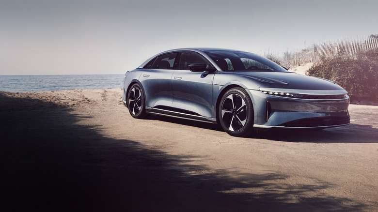 A silver Lucid Air Pure sedan