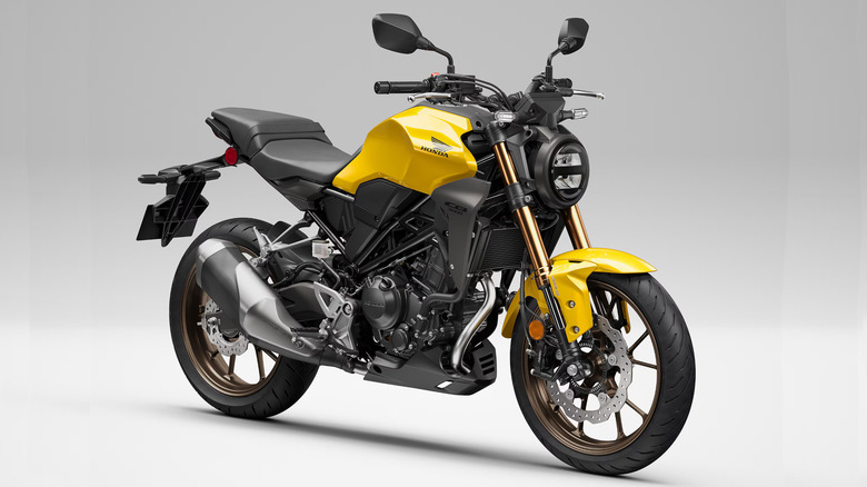 A yellow Honda CB300R motorcycle