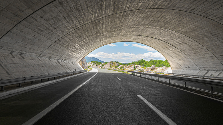 A road going through a tunnel leads to mountains, trees, and blue sky