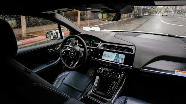 The interior of a Waymo Jaguar I-Pace robotaxi in San Francisco