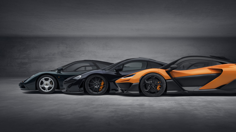 Studio shot of the McLaren F1, P1, and W1.