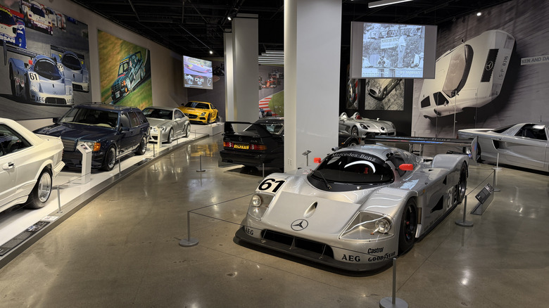 Mercedes-Benz cars and race cars on display at the Petersen museum