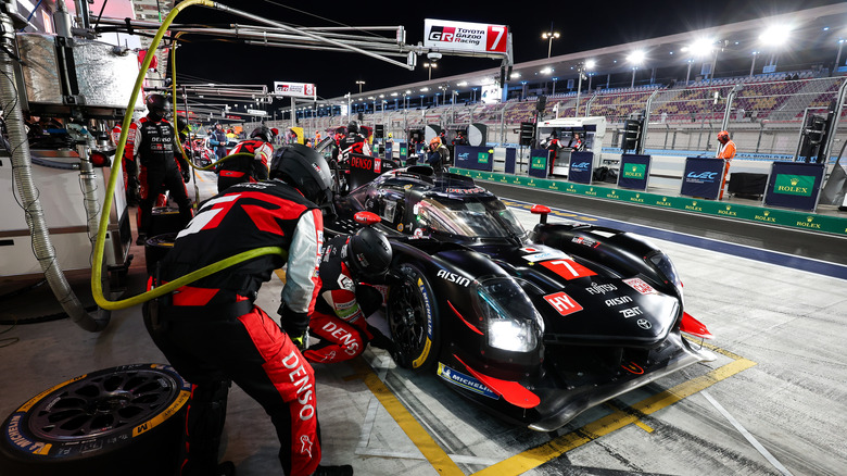 The #07 Toyota Gazoo Racing Toyota GR010 Hybrid of Mike Conway, Kamui Kobayashi, and Nyck de Vries makes a pit stop during qualifying for the Qatar 1812KM World Endurance Championship race at Losail International Circuit on February 27, 2025 in Doha, Qatar.