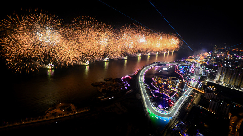 Fireworks light the sky at the end of the race during the F1 Grand Prix of Saudi Arabia at Jeddah Corniche Circuit on April 20, 2025 in Jeddah, Saudi Arabia.