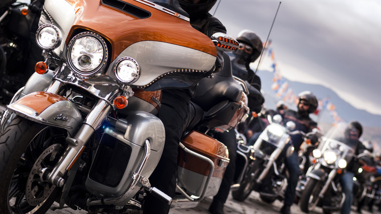 A group of motorcycle riders form a line.