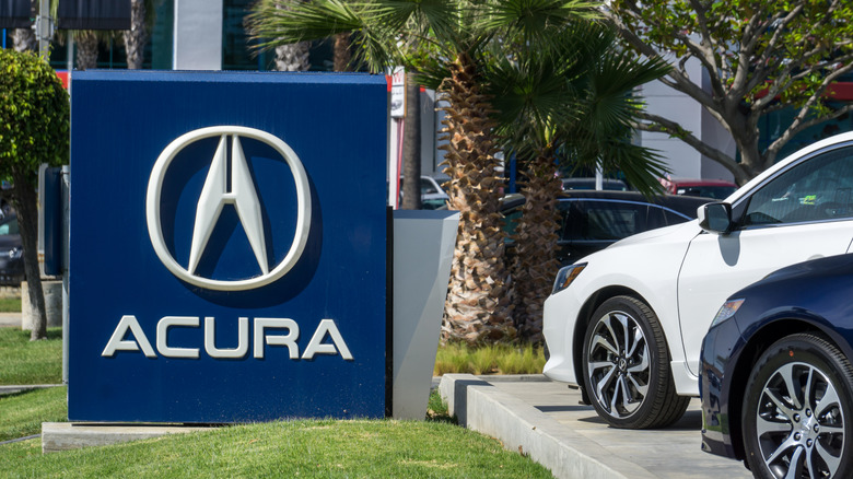 Acura automobile dealership sign and logo. Acura is the luxury vehicle division of Japanese automaker Honda.