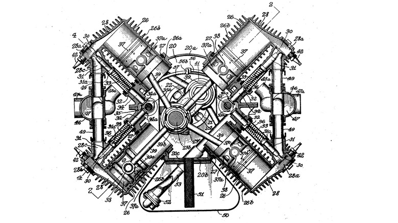 A black-and-white drawing of the Ford X-8 engine with numbers parts, taken from a patent filing.