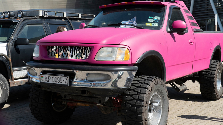 A modified truck with large tires