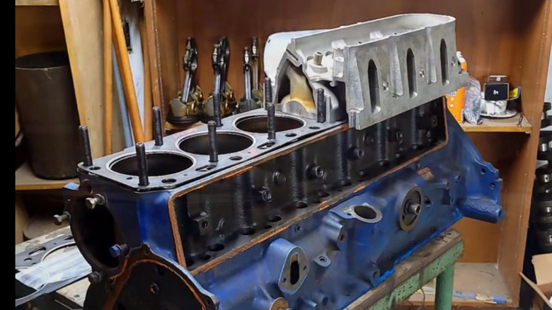 Ken Hutchison's blue Ford 300 inline-six block with three chambers' worth of GM LS head resting on top