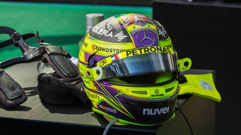 A yellow Lewis Hamilton F1 helmet