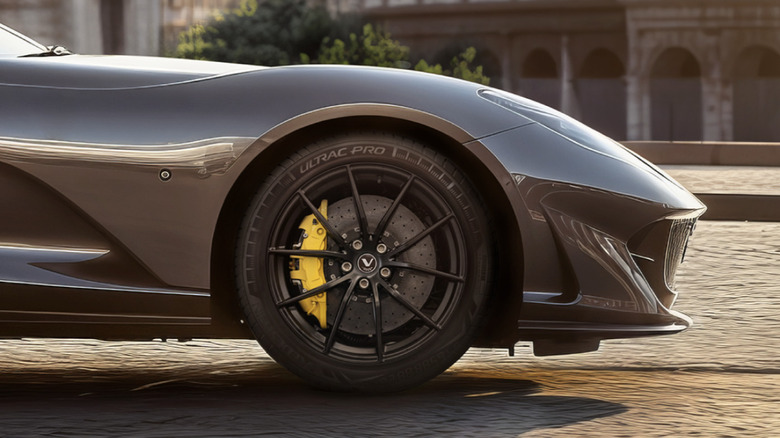 A close-up of a Vredestein front tire on a Ferrari 812