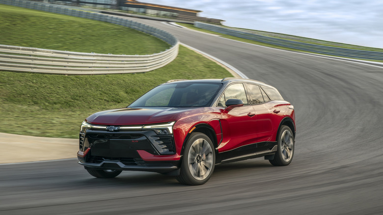 2026 Chevrolet Blazer EV SS front 3/4 view driving on track