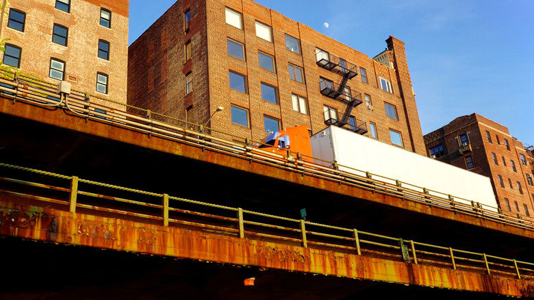 Brooklyn, NY, USA - June 16, 2024: After 80 years of heavy daily use, New York plans to replace the rusting iconic triple cantilever section of the Brooklyn-Queens Expressway in Brooklyn Heights.