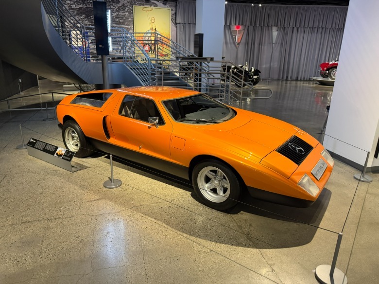 An orange Mercedes-Benz C111 prototype