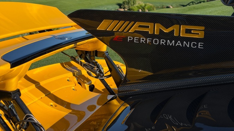 Rear wing and shark fin on a yellow Mercedes-AMG One