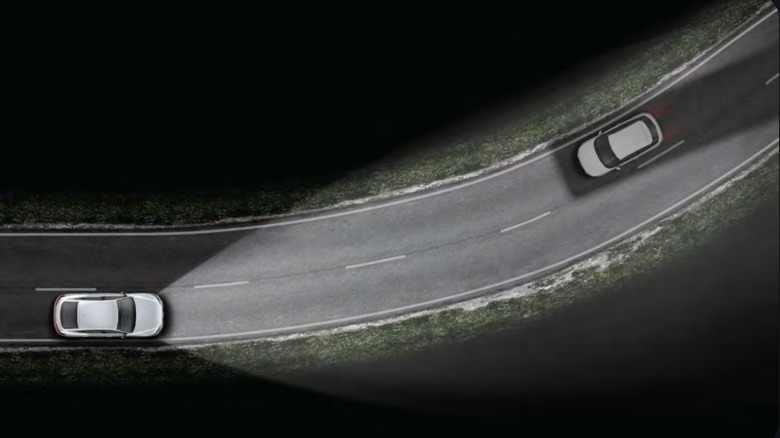 An overhead simulation of how the Digital Matrix Headlights block-out their beam to prevent blinding other drivers