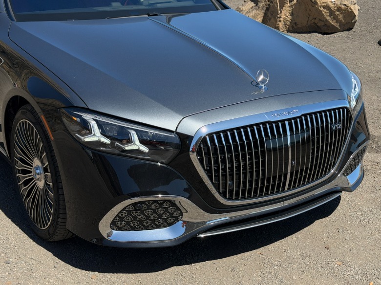 Front end of a grey and black 2027 Mercedes-Maybach S680