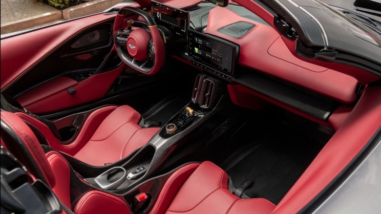 an overhead look into the red-upholstered cabin of the Valhalla Spider