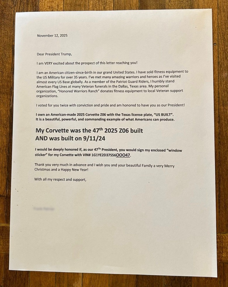 Corvette Z06 owner letter to Trump