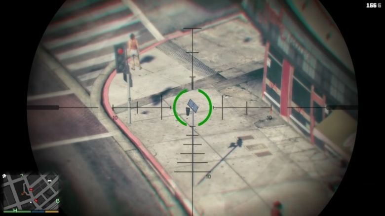 Screenshot from Grand Theft Auto V of a sniper rifle scope targeting a Flock camera