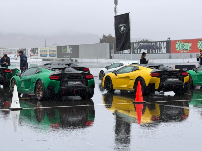 A pair of Lamborghini Temerarios in the rain