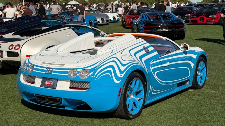 Rear 3/4 position of a achromatic and bluish Bugatti Veyron Grand Sport Vitesse