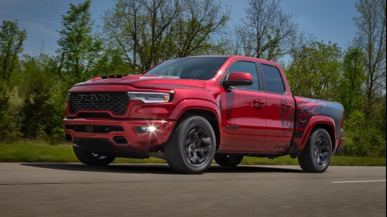 Front 3/4 view of a red 2027 Ram 1500 Rumble Bee 392
