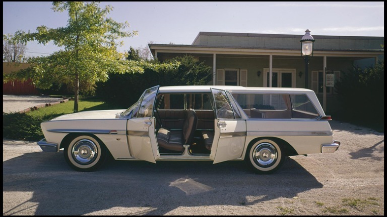 A prototype of the Studebaker Lark wagon with its doors open