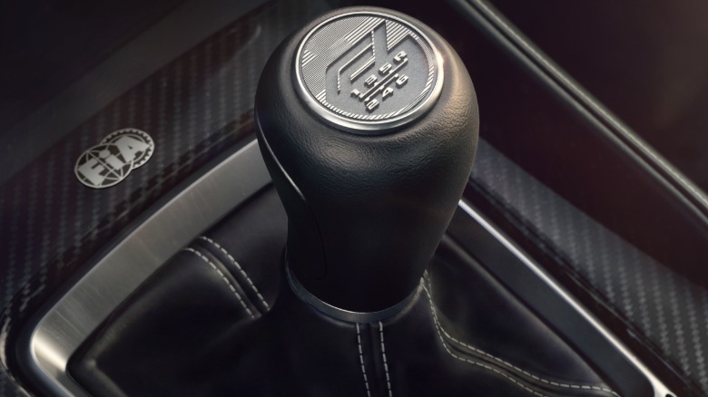 close-up of the F1 shift knob medallion in the CT5-V Blackwing's interior