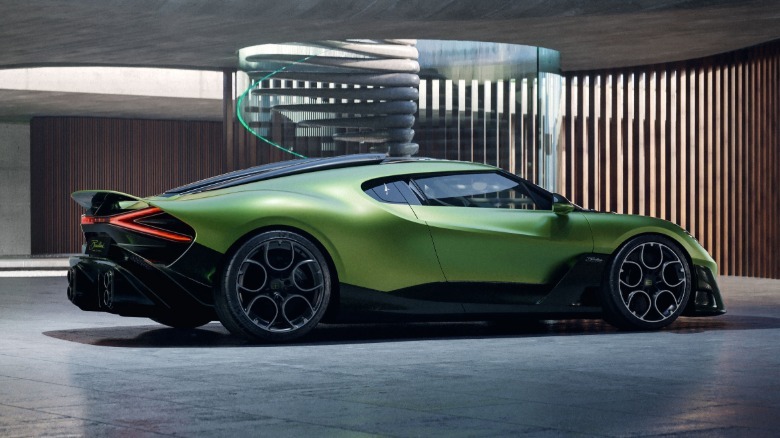 Rear 3/4 view of the green Bugatti Brouillard