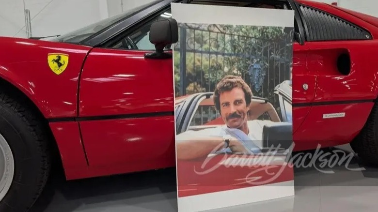A picture of Tom Selleck leaning against a Ferrari 308 GTB used in